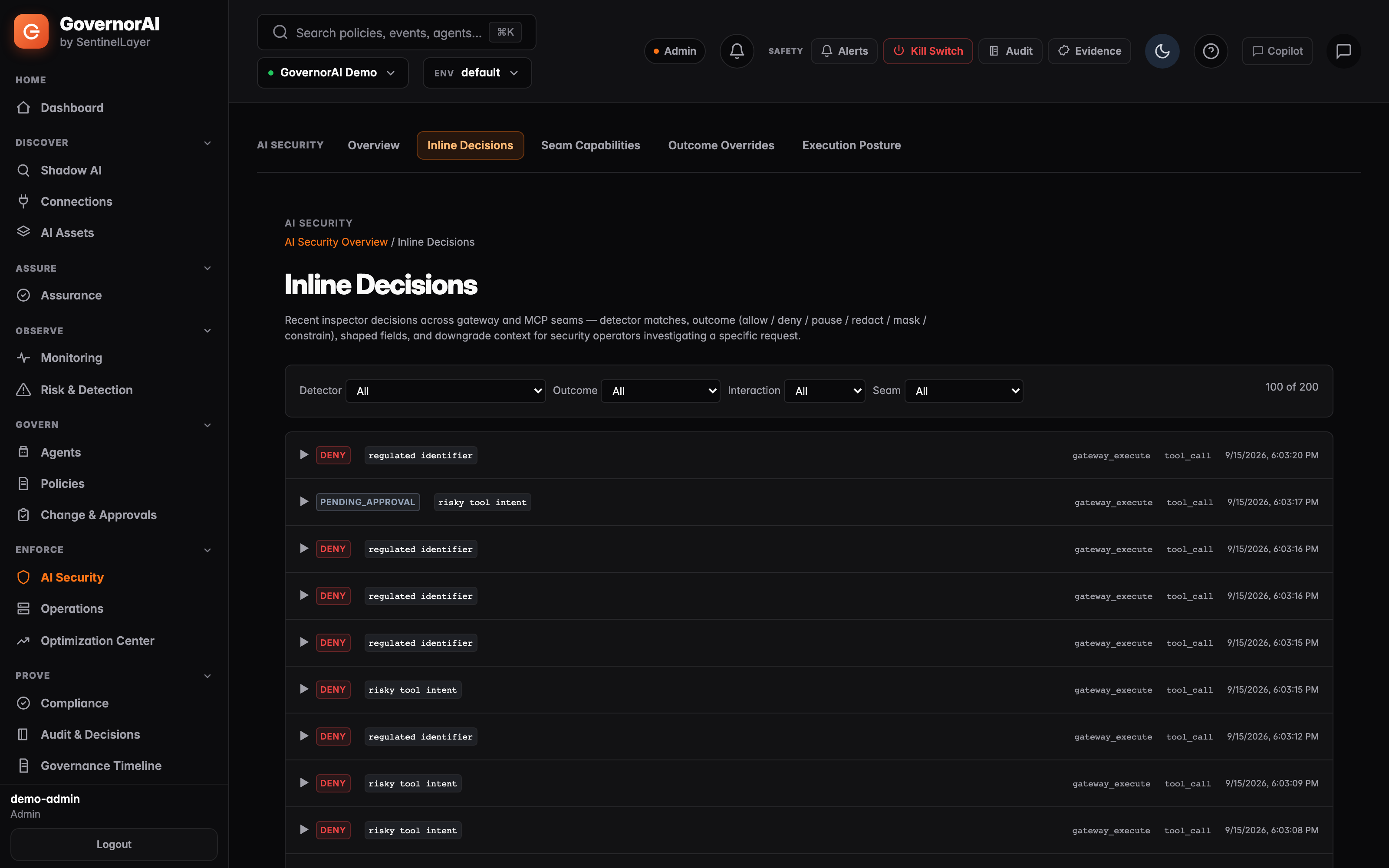 Published GovernorAI console screenshot showing inline allow, deny and pending-approval decisions.